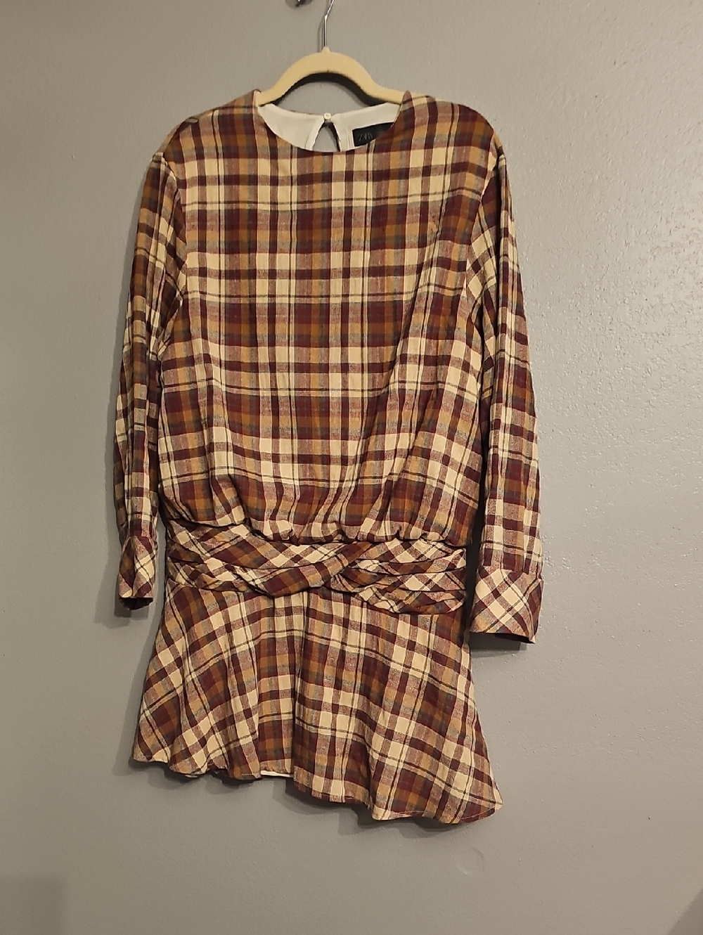 Zara Plaid Long-Sleeve Peplum Dress in Brown and Cream